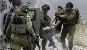 Israeli soldiers detain a Palestinian protester following a demonstration against the expropriation of Palestinian land by Israel in the West Bank town of Tulkarem on May 31, 2014.