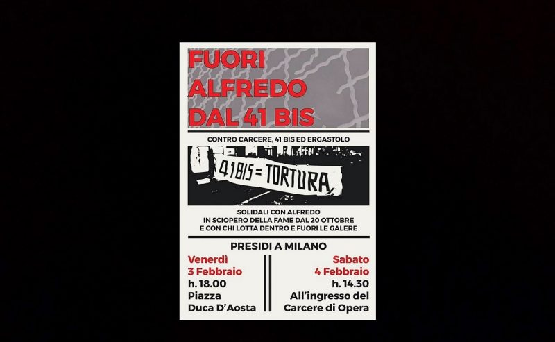 03-04/02 – Presidi solidali per Alfredo Cospito detenuto nel carcere di Opera